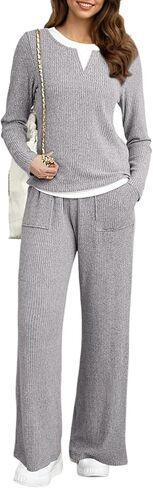 Dokotoo Women's 2 Piece Sets Outfits Casual Long Sleeve Color Block Sweatshirts Wide Leg Pants Tracksuit Sets With Pocket in Saudi Arabia
