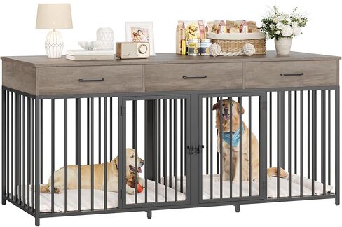 HESTACK مزدوج الكلاب الصناديق الأثاث ، 71 "وترعة الكلاب الداخلية واسعة مع 3 أدراج ، قفص الكلاب مزرعة ل 2 كلاب كبيرة/متوسطة ، قفص الكلب الشاق مع مقسم قابل للإزالة ، منزل خشبي للحيوانات الأليفة ، الرمادي الرمادي in Kuwait