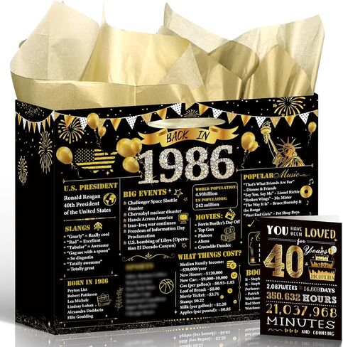 Black Gold 50th Birthday Gift Bag - Wixben Vintage Back in 1975 Birthday Decorations, Large Wrapping Bag with Handle Tissue Paper Greeting Card for 50 Year Old Women Men, 50th Birthday Party Supplies in Kuwait