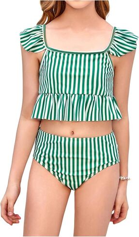 Floerns Girl's 2 Piece Swimsuits Striped Ruffle Hem High Waisted Bathing Suit in Saudi Arabia