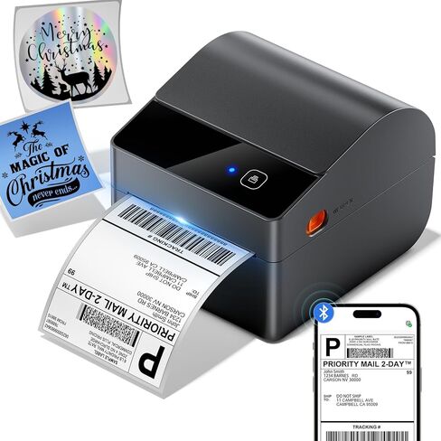 Asprink Bluetooth Shipping Label Printer 4x6 ، 2025 إصدارًا جديدًا للعلامة الحرارية مع صندوق تسمية مدمج للأعمال التجارية الصغيرة ، وحزم الشحن ، والمنزل ، والمكتب ، وتوافق مع Amazon و eBay و USPS in Kuwait