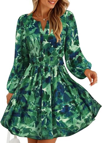 ZESICA Fall Long Sleeve Floral Dress for Women 2025 Casual V Neck Smocked A Line Flowy Boho Mini Dresses with Pockets in Saudi Arabia