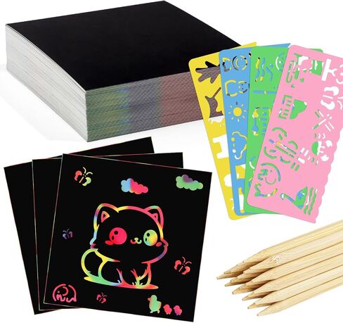 90 Pcs Scratch Art Paper Rainbow Sets, Scratch Paper Rainbow Black Scratch Off Paper Art Gifts for Kids Art Craft Supplies Kits in Saudi Arabia
