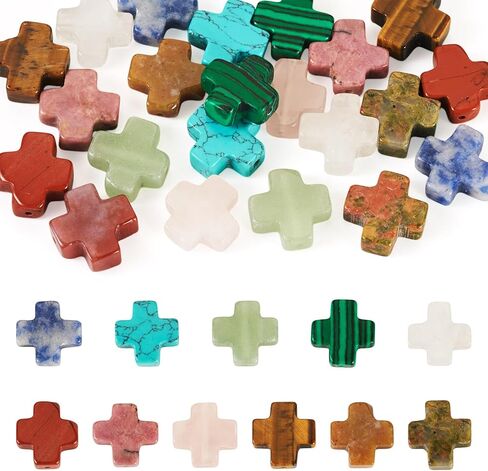Beadthoven 30pcs Gemstone Cross Beads Small Stone Cross Spacer Beads Healing Crystal Jesus Crucifix Beads Natural Synthetic Gemstone Beads for Jewelry Making Necklace Bracelet Easter Beads Supplies in Kuwait