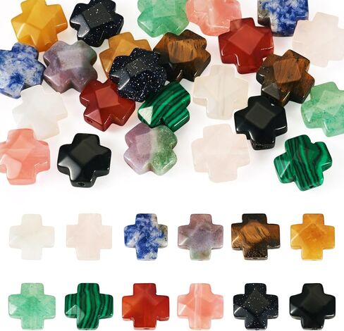 Beadthoven 30pcs Gemstone Cross Beads Small Stone Cross Spacer Beads Healing Crystal Jesus Crucifix Beads Natural Synthetic Gemstone Beads for Jewelry Making Necklace Bracelet Easter Beads Supplies in Kuwait