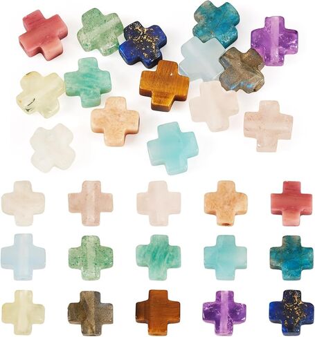 Beadthoven 30pcs Gemstone Cross Beads Small Stone Cross Spacer Beads Healing Crystal Jesus Crucifix Beads Natural Synthetic Gemstone Beads for Jewelry Making Necklace Bracelet Easter Beads Supplies in Kuwait