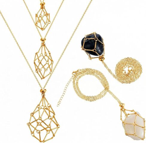 3 Pcs Necklace Cord Crystal Necklace Holder Adjustable Empty Stone Holder Stainless Steel Boho Handmade Cage Fish Netted for Women Men Yoga Meditation DIY Jewelry Making Home Decor in Saudi Arabia