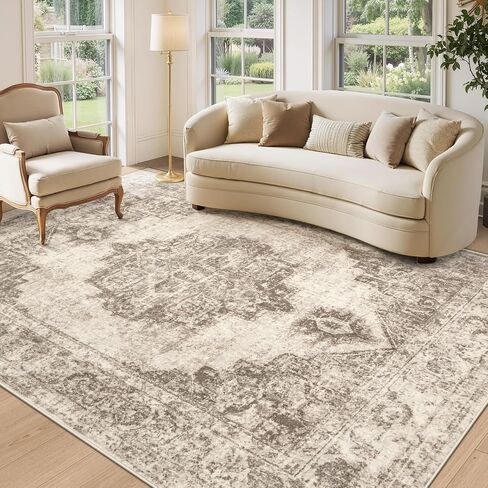 Area Rug 9x12 Vintage Rug: Large Washable Indoor Medallion Rug Low Pile Distressed Floor Carpet Retro Accent Rug for Living Room Bedroom Kitchen Dining Table Home Office(Beige, 9'x12') in Saudi Arabia