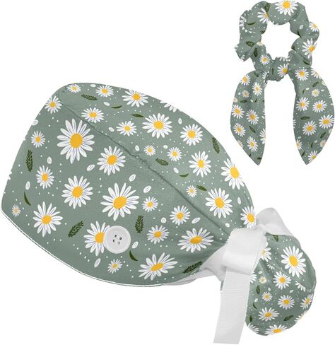 Scrub Caps Women with Button,Adjustable Surgical Caps with Ponytail Pouch,Blue Flower and Yellow Floral Working Cap with Bow in Saudi Arabia