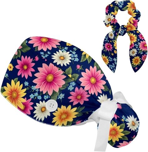 Scrub Caps Women with Button,Adjustable Surgical Caps with Ponytail Pouch,Blue Flower and Yellow Floral Working Cap with Bow in Saudi Arabia