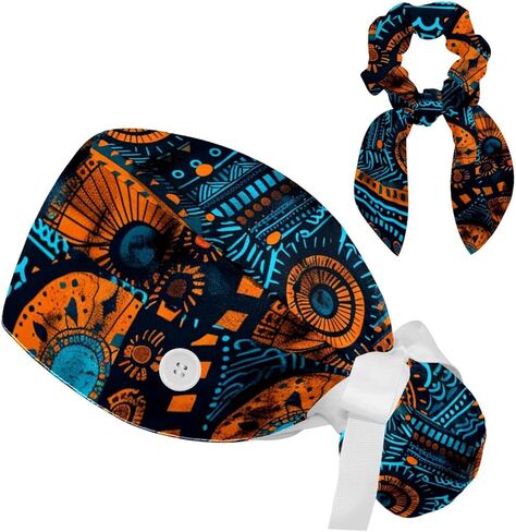 Scrub Caps Women with Button,Adjustable Surgical Caps with Ponytail Pouch,Blue Flower and Yellow Floral Working Cap with Bow in Saudi Arabia