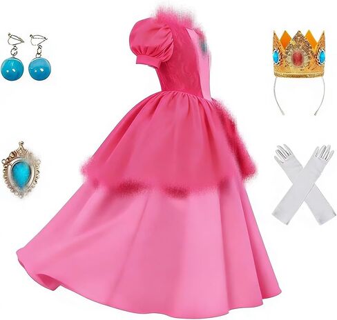 Princess Peach Cosplay Costume Dress Girls Princess Peach Dress With Crown Gloves and Earrings Party Dress Up in Saudi Arabia