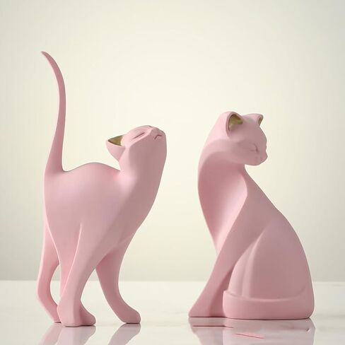 2PCS Pink Cat Statue Geometric Cat Sculpture Animal Statue Art Figurine Home Decorations Modern Cat Statue Animal Figurine Resin Sculpture for Home Office Gift in Saudi Arabia
