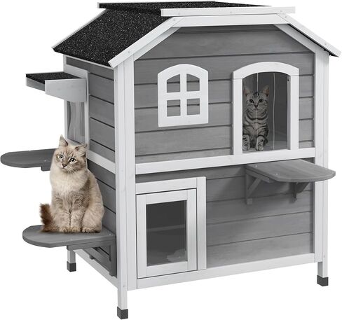 Pawhut المكون من طابقين Cat House في الهواء الطلق ، حاوية قط خشبية مقاومة للتسلية للقطط الوحشية مع باب الهروب ، سقف مفتوح ، منصات القفز ، أبيض in Kuwait
