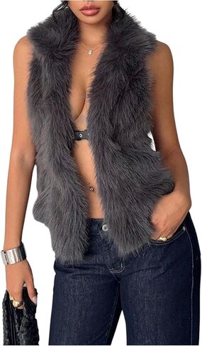 MakeMeChic Women's Fuzzy Faux Fur Halter Top Sleeveless Tie Backless Going Out Tops Cowboy Chic Outfits in Saudi Arabia