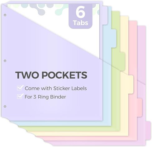SKYDUE Binder Dividers with Tabs and Pockets, 6 Tab Dividers for 3 Ring Binder, Tear-Resistant Plastic Binder Tabs Dividers for School, Office, Home in Saudi Arabia