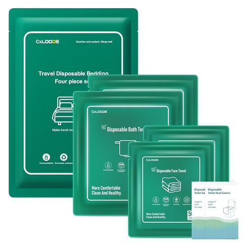 صفائح سرير يمكن التخلص منها للفندق ، وضروريات السفر مع 2 مناشف حمام يمكن التخلص منها 2 مناشف الوجه المتاح و 4 أجزاء من أوراق الأسرة التي يمكن التخلص منها ، وملفات قابلة للتصرف في أساسيات فندق السفر in Kuwait