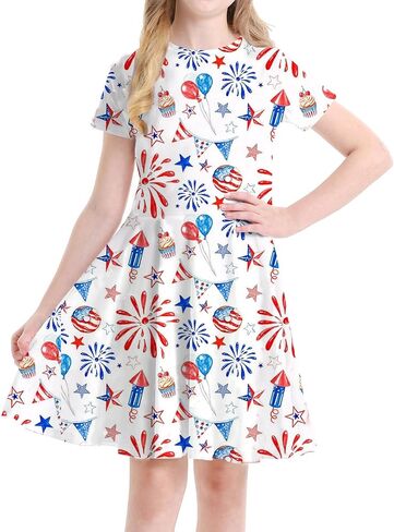 Lazychild Girls 4th July Dress Kids American Flag Dresses USA Stars Summer Dress Partic Party Party Tops 5-14 Years in Saudi Arabia