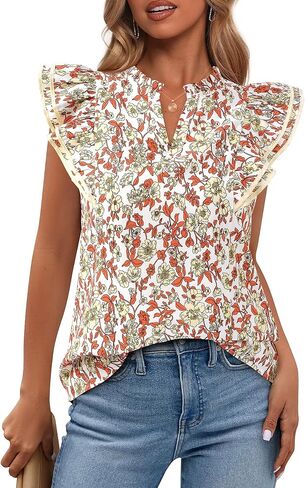 BTFBM Women Dary Casual 2025 Summer Tirts Boho Floral Forched v Neck Ruffle Cap Tops Business Work Blouses in Saudi Arabia