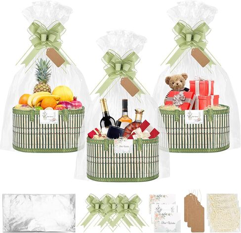 SelfTek 3 Pack Baskets for Gifts Empty, Woven Bamboo G-ift Basket Kit with Wrap Bags, Gi-ft Card, Raffia and Pull Bows, GIF-t Baskets for Baby Shower, Birthday, Wedding, 30 x 20 x 15 cm in Saudi Arabia