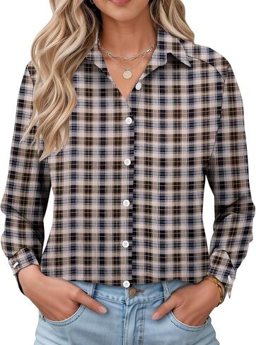 LOMON Womens Long Sleeve Button Down Shirts Casual Loose Fit Cotton Collared Blouses in Saudi Arabia