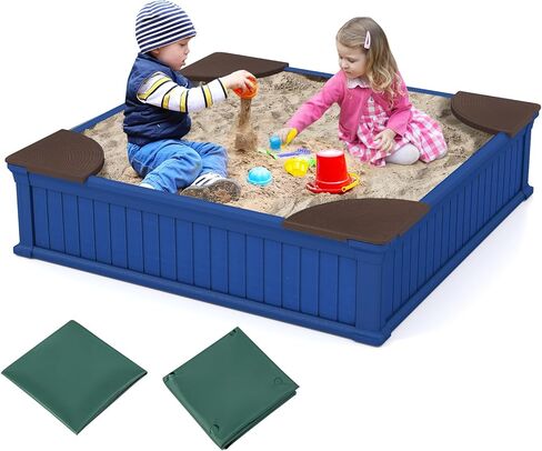 Costzon Kids Sandbox مع غطاء ، 4 أقدام × 4 قدم HDPE مع غطاء أكسفورد ، بطانة أسفل ، 4 مقاعد الزاوية ، حفرة الرمال في الهواء الطلق مقاومة للطقس لخطيئة الفناء الخلفي (أبيض) in Kuwait