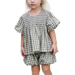 ReadySmileGo Gingham Toddler Girls Outfits Spring Smocked Kids Clothes Sets Summer Lining Blouses Bloomers Girls 2PCS Set
