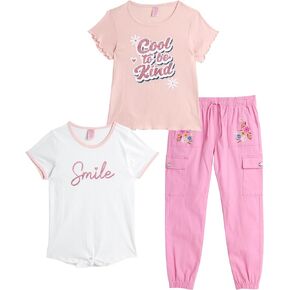 Real Love Girls' Pants Set - 3 Piece Cute T-Shirt and Embroidered Cargo Jogger Pants - Trendy Spring Outfit for Girls (7-16)
