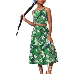Verdusa Girl's 2 Piece Summer Outfits Tropical Print Skirt Sets with Cami Top