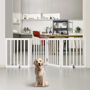 VEVOR Freestanding Dog Gate, Wooden Free Standing Pet Gate 60" W x 24" H,4 Panels Foldable Dog Gate for Wide & Narrow Passageways, Expandable Dog Barrier with Silent Foot Support for Indoor, White