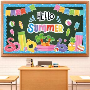 Justforjoyful Hello Summer Bulletin Board Decorations Summer Pool Classroom Bulletin Board Border Hawaiian Beach Paper Cutouts for Classroom Window Wall Home Office School Party Decor