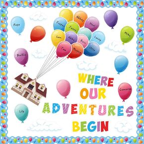 B1ykin 121Pcs Colorful Balloons Bulletin Board Name Tags Decoration Set, Mix Adventure Balloon Cloud Cutout Borders Accents, Classroom Welcome Wall Chalkboard Party Supplies for Elementary School Door