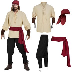 Teyujosem Men's Pirate Costume Set 4 PCS Medieval Renaissance Viking Outfit for Halloween Cosplay Party