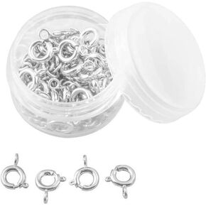 1 Box 50pcs Brass Open Spring Ring Round Clasps for DIY Craft Jewelry Making (Silver)