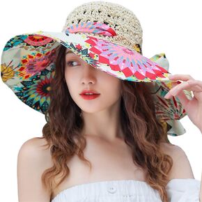 Summer Anti-UV Wide Brim Beach Hats Women Flower Floppy Foldable Roll up Cap