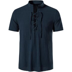 AUDATE Men's Classic Shirts Lace Up Cotton Shirt Vintage Costume Long Sleeve Tops for Medieval Viking Hippie Halloween