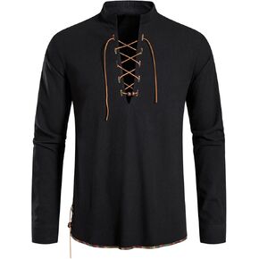 AUDATE Men's Classic Shirts Lace Up Cotton Shirt Vintage Costume Long Sleeve Tops for Medieval Viking Hippie Halloween