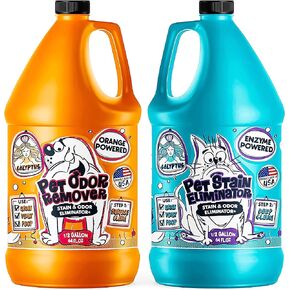 Calyptus Pet Stain and Odor Remover | Orange and Enzyme Cleaner Duo Solution for Pets | 128oz (64oz x 2 Bottles) | Carpet Cleaner and Odor Eliminator for Cat Urine, Dog Pee, and Poop | Pro Strength