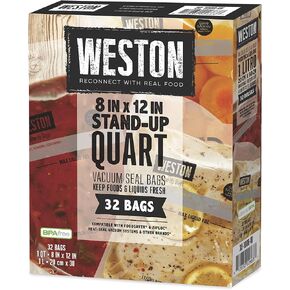 Weston Vacuum Sealer Bags, 2 Ply 3mm thick, for NutriFresh, FoodSaver & Other Heat-Seal Systems, for Meal Prep and Sous Vide, BPA Free, 8"x12" (Quart), 32 Bags Stand-Up for Food/Liquids, Clear