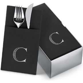 Monogrammed Napkins Black With Pocket For Flatware, 50-Pack 16" x 16" Silver Foil Letter A Disposable Linen-Feel Napkins, Prefolded Silverware Pocket Napkins For wedding, Party Or Baby Shower