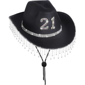 JUSTOTRY 21st Birthday Black Cowboy Hat - 21ST Birth day Outfit Gifts for Women Cowgirl Hats with Wide Brime for 21st Birthday Decorations