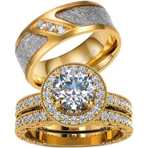 TWO RINGS His Hers Wedding Ring Sets Couples Rings Women's 10k Yellow Gold Plated White heart CZ Wedding Engagement Ring Bridal Sets & Men's Titanium Wedding Band