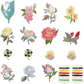 15 Pcs Mini Flowers Iron On Patches, Decorative Flower Patches, 13 Patterns Embroidered Patches with 2pcs Sewing Kit, Sew On/Iron On Patch Applique for Clothing, Jeans, Hat, Jacket, Pants