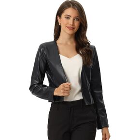 Allegra K Faux Leather Crop Blazer for Women's Collarless Open Front PU Moto Biker Jackets