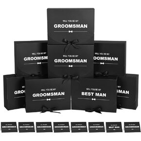 8Pack Groomsmen Proposal Box with Card (7 Groomsmen Boxes,1 Best Man Box) , 10.6×7.9×3.1 Inch Groomsmen Gift Box with Ribbon, Will You Be My Groomsman Box, Wedding Gift Box for Groomsmen Proposal Gift
