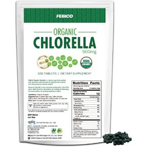 FEBICO Chlorella Tablets 500mg, 500ct, 83 Days - USDA Organic, Vegan, Non-GMO, Detox, Broken Cell Wall