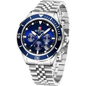 REWARD Mens Watches Solid Stainless Steel Band Sport Analog Stopwatch Waterproof Chronograph Luminous Business Wrist Watch Gift for Men with Auto Date