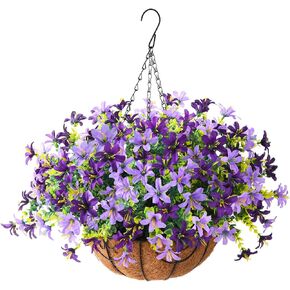 INQCMY Artificial Hanging Violet Flowers in Basket for Outdoors Summer Decor,Faux Silk Flower Arrangement,Artificial Coconut Lining Flowerpot Plant for Home Garden Decoration(Deep Purple)