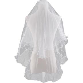 OYOANGLE Women's 2 Tier Pearl Beaded Wedding Bridal Veil Bachelorette Party Tulle Veils with Comb