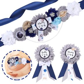 Space Baby Shower Sash - Mom to Be Maternity Flower Belly Belt with Dad to Be Corsage Pin Kit, Galaxy Star Baby Shower Decorations for Universe Gender Reveal Photo Props New Parents Keepsake